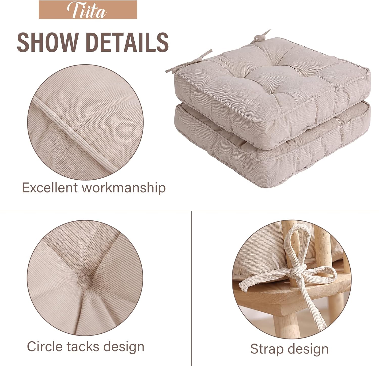 Furlide Chair Cushion with Ties 18 x 18 Inch Indoor Outdoor Cushions for Dining Chairs Set of 2, Square (Beige, 18 x 18 Inch)