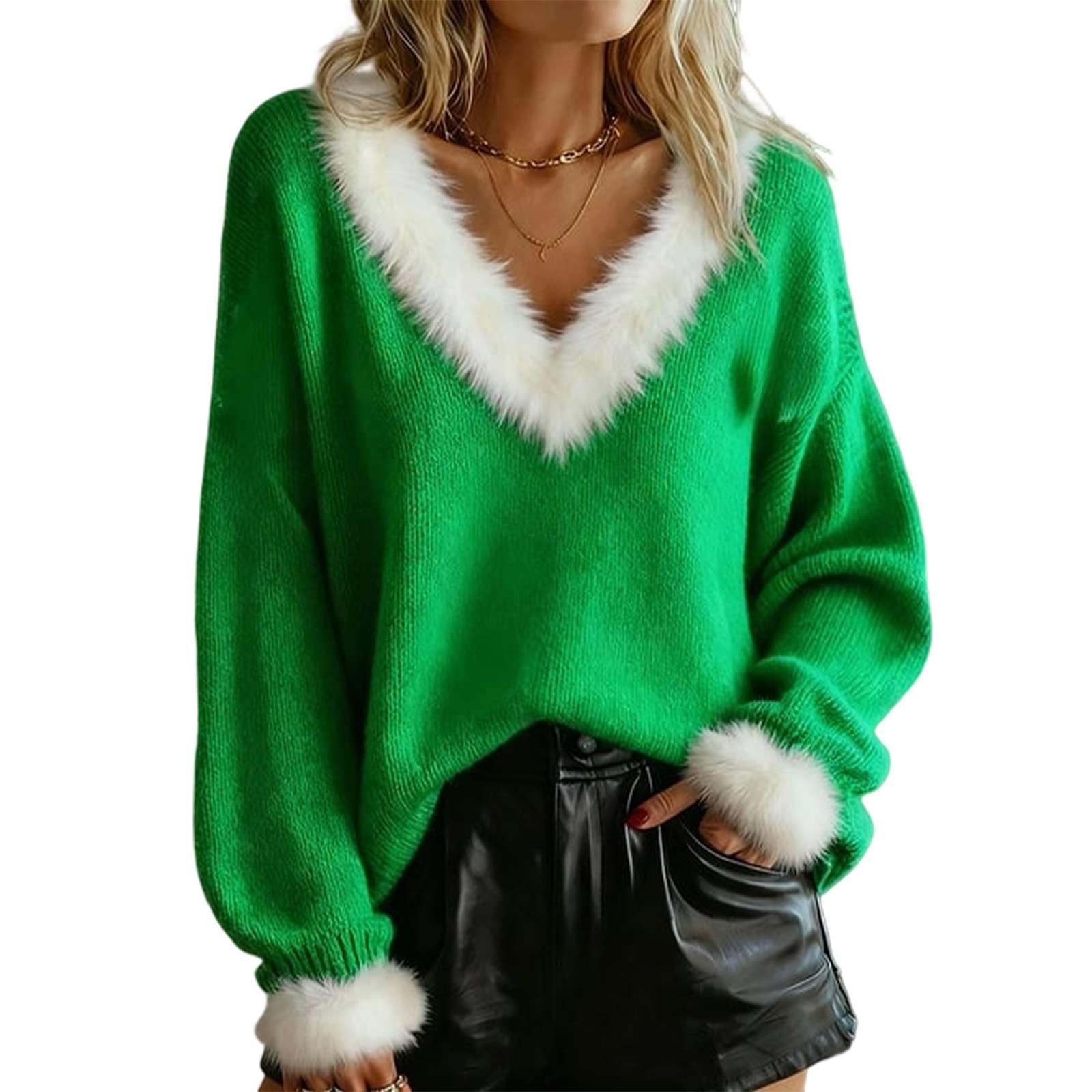 Womens Christmas Fur Collar V-Neck Sweater Casual Long Sleeve Knit Top with Raw Edge Holiday Party Blouse