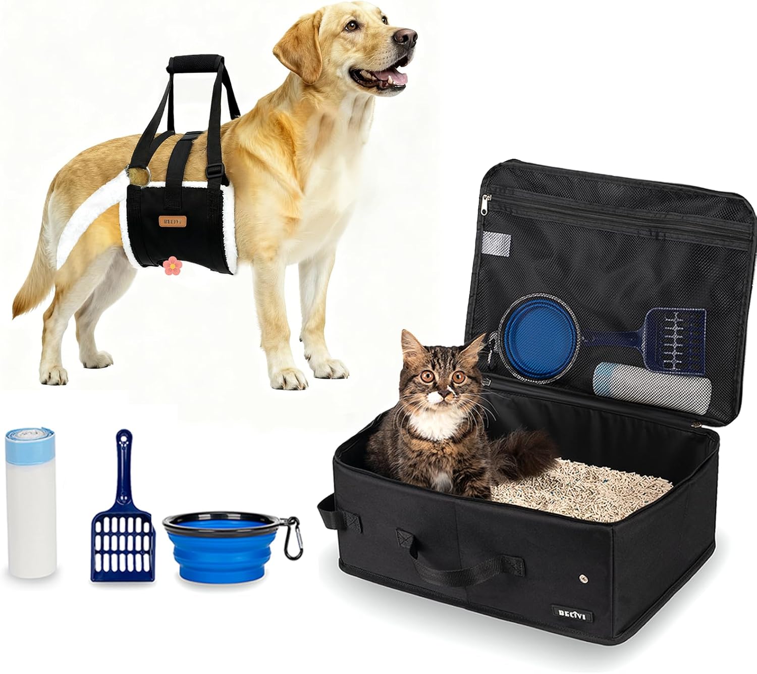 Dog Lift Harness Sling for Large Dogs & Portable Cat Travel Litter Box with Lid and 10 Pcs Disposable Liner Bags
