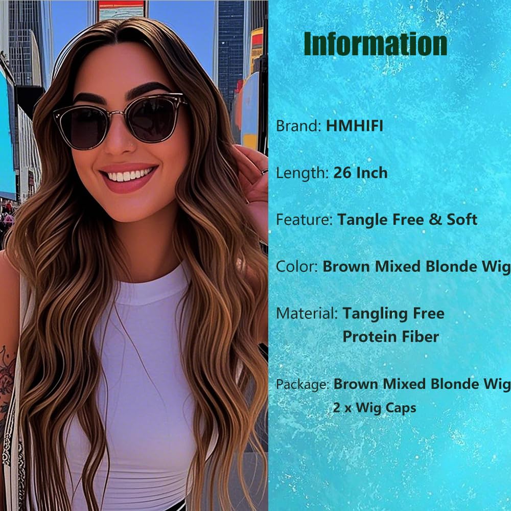 Brown Mixed Blonde Wig Long Blonde Highlight Wavy Wigs for Women Heat Resistant Synthetic Hair Replacement Wigs