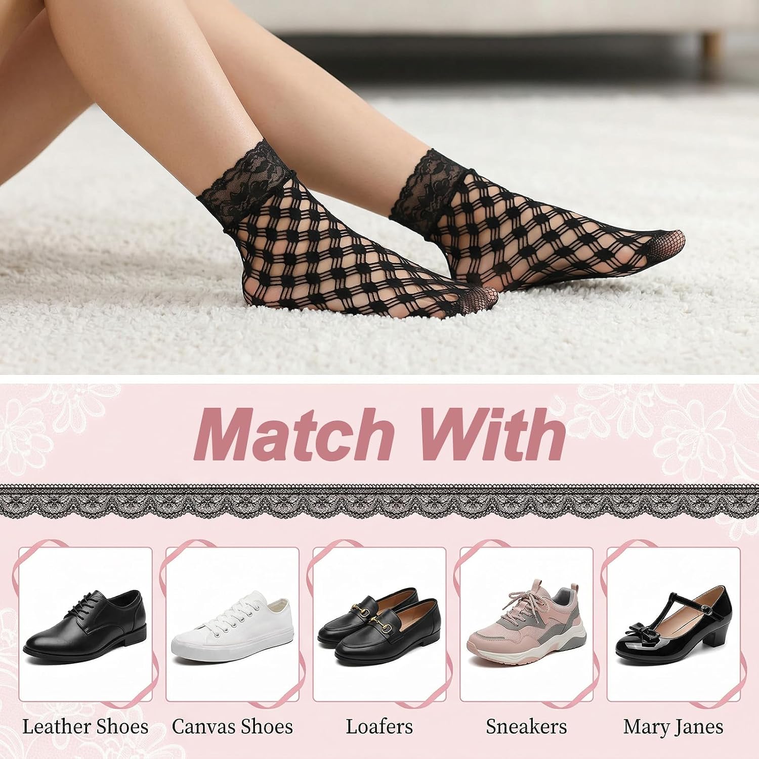 6 Pairs Black Lace Socks for Women Ultra Thin Mesh Sheer Lace Dress Sock, Black Mesh Fishnet Crew Socks Transparent Fishnet Sock for Women Girls