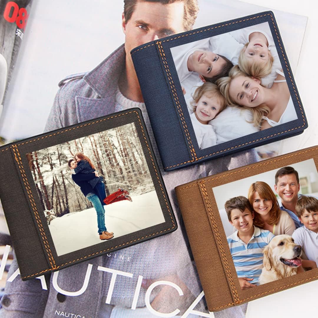 Custom Photo Wallet for Men,PU Leather Personalized Large Capacity Trifold Wallet Customized Card Holder RFID Blocking Wallet Three-sided Print Picture Wallet Father's Day Gift for Dad Son
