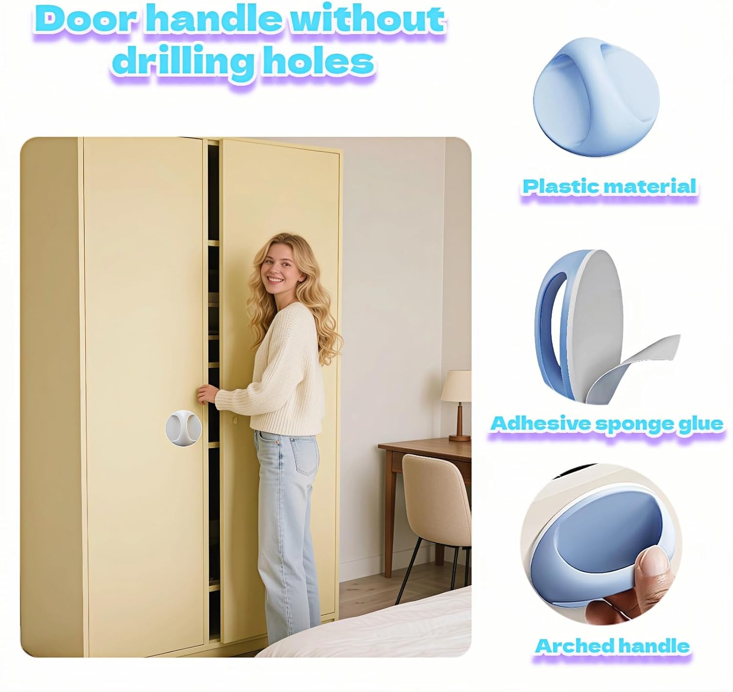Btolin 4-Pack Self-Adhesive Cabinet Pulls, No-Drill Handles for Cabinet, Window, Drawer, Glass Door, Easy Installation & Strong Grip (White, Pink, Blue, Green),2.56 Inch Adhesive Pull Knob