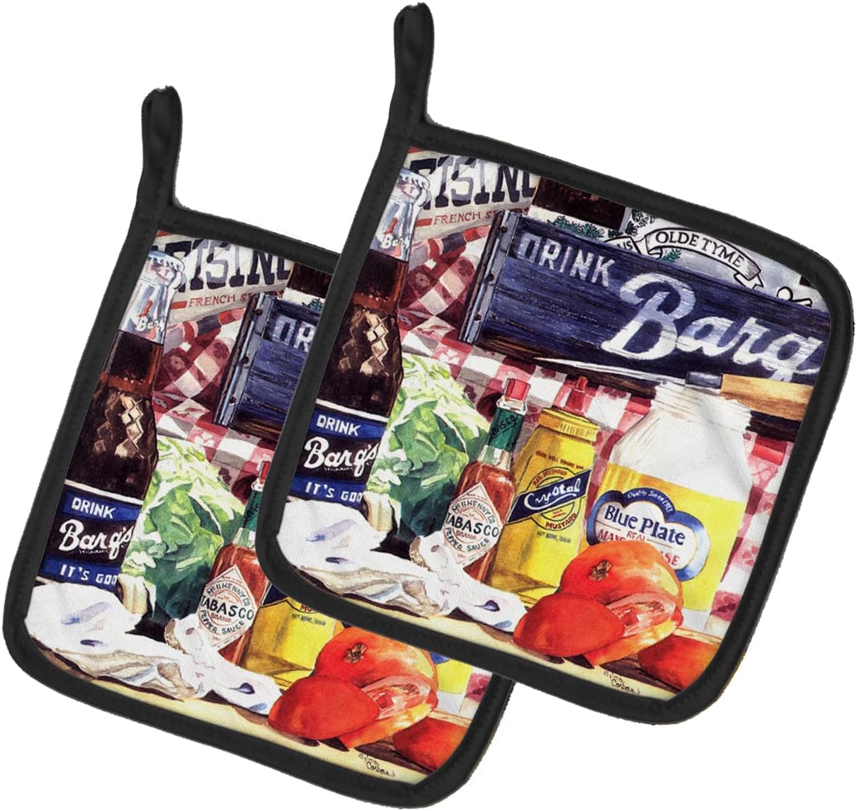 Caroline's Treasures 1013PTHD Blue Plate Mayonaise, Barq's and a Tomato Sandwich Pair of Pot Holders Kitchen Heat Resistant Pot Holders Sets Oven Hot Pads for Cooking Baking BBQ, 7 1/2 x 7 1/2
