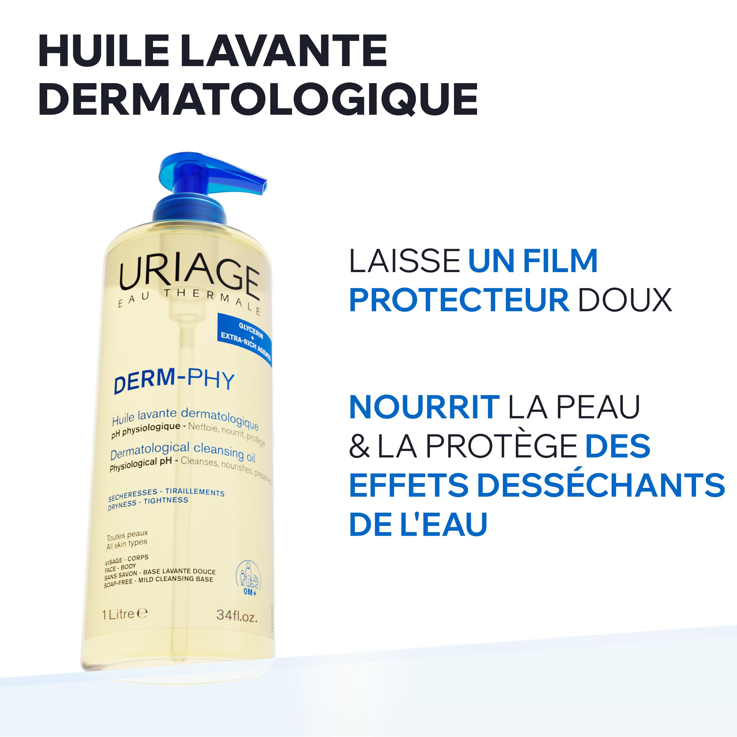 Uriage Derm-Phy Huile de Douche 1L - Nettoyant Visage, Corps - Peaux Sèches, Sensibles - Nettoie, Nourrit, Prévient le Dessèchement - 25% Glycérine, Agents Extra-Riches - pH Physiologique - Sans Savon