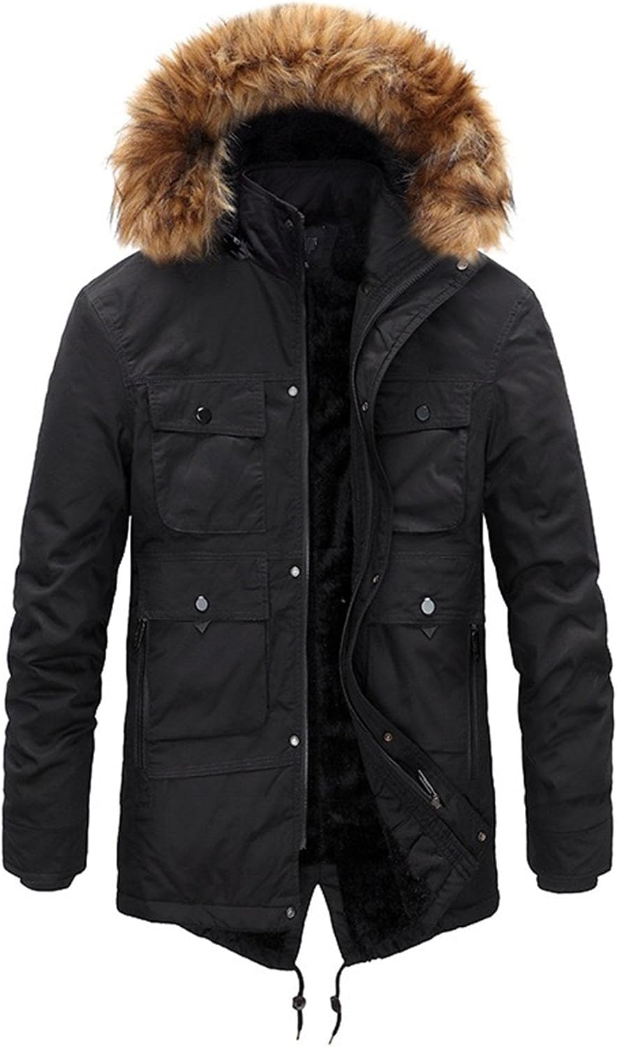 DGHM-JLMY Men's Zipper Solid Color Oblique Hem Hooded Parkes Thick Warm Padded Puffer Coat with Fur Hood 2Pc Thicken Fur Coat