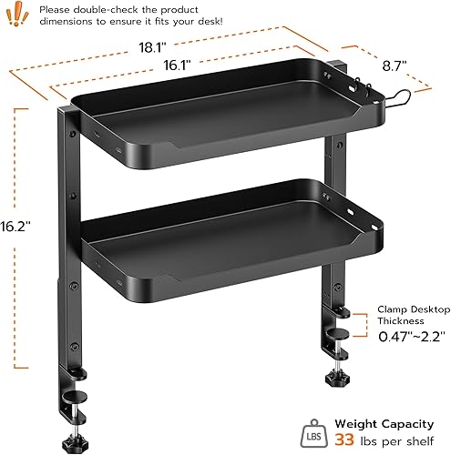 Miniatura 2 de ARES WING 2-Tier Clamp On Desk Shelf, 16 inch Adjustable Above or Under Desk Storage Shelves Holds 66 lbs, Heavy Duty Desktop Organizer with