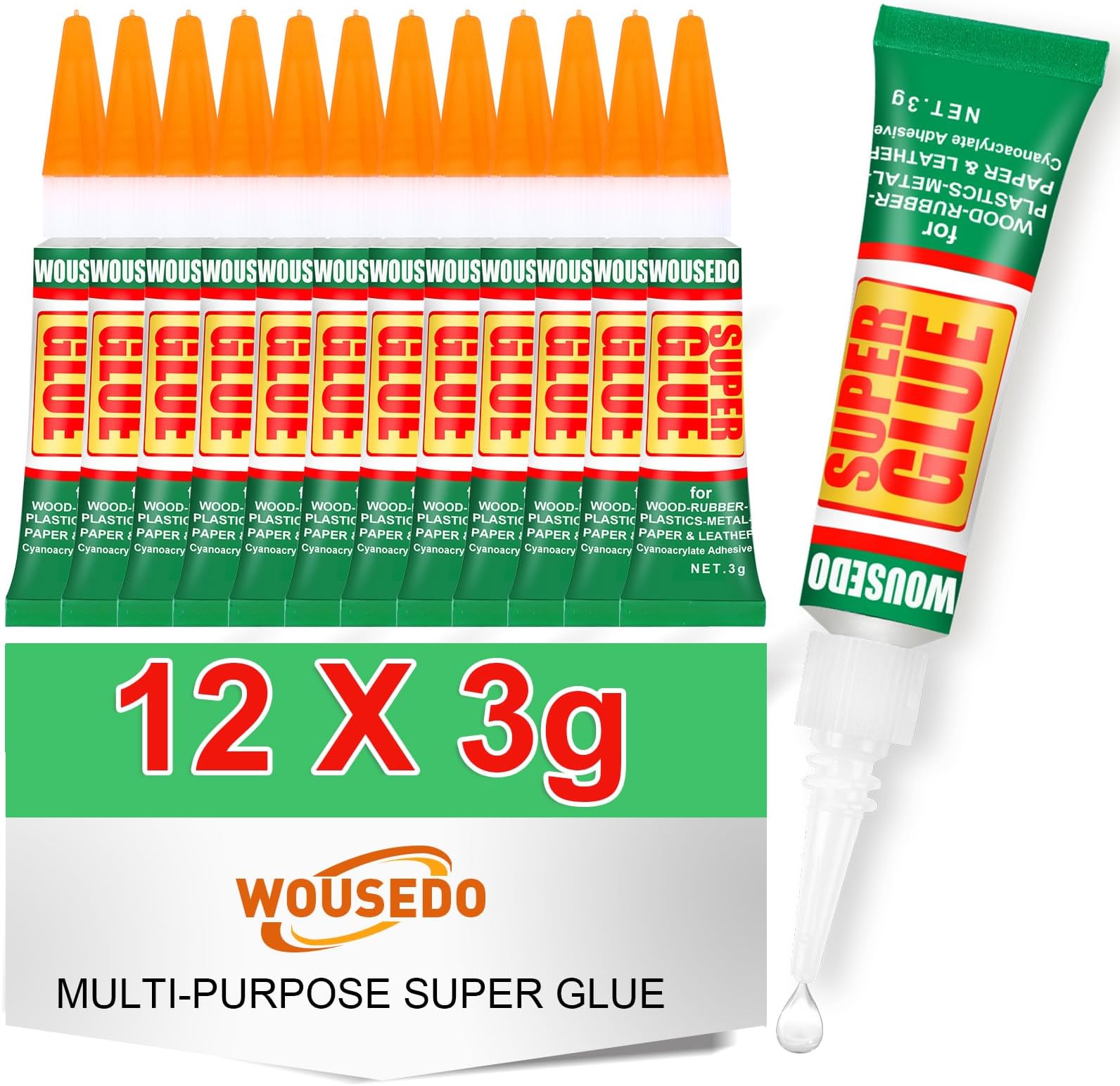 WOUSEDO 12 X 3g Super Glue Clear, Strong Adhesive,Super Glue Fast Drying Cyanoacrylate Glue for Wood,Rubber,Leather, Plastic, Metal, Rhinestone Jewelry, DIY Crafts and More
