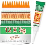 WOUSEDO 12 X 3g Super Glue Clear, Strong Adhesive,Super Glue Fast Drying Cyanoacrylate Glue for Wood,Rubber,Leather, Plastic, Metal, Rhinestone Jewelry, DIY Crafts and More