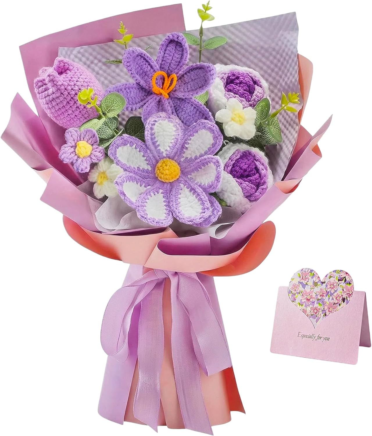 Crochet Flower Bouquet, Handmade Pink Rose, Calla Lily and Daisy, Knitted Flower Gift for Mom, Women, Girlfriend, Long Lasting Flowers for Mother's Day, Birthday, Anniversary