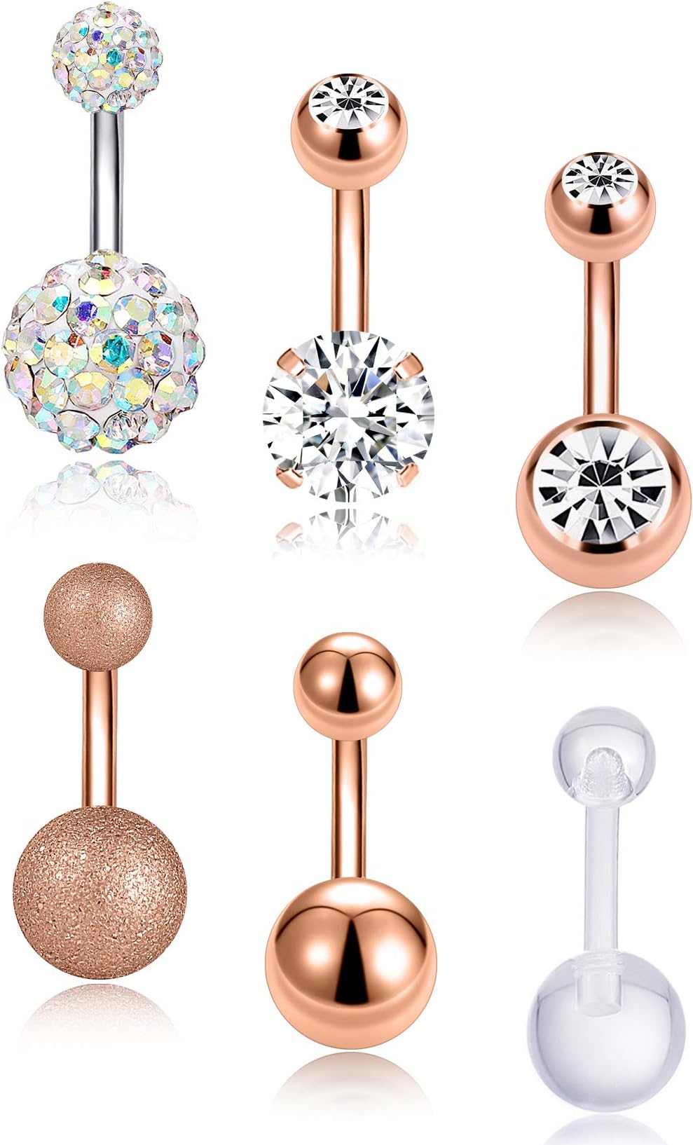 6Pcs Short Bar 14G Stainless Steel Belly Button Rings Navel Rings Bar CZ Body Piercing Women Girls 6MM Silver Rose Gold Tone