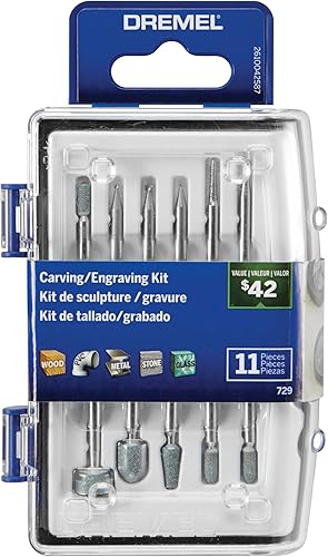 Dremel 729-01 Kit de accesorios para herramientas rotativas de tallado y grabado de 11 piezas, incluye brocas de grabado y piedras de molienda,