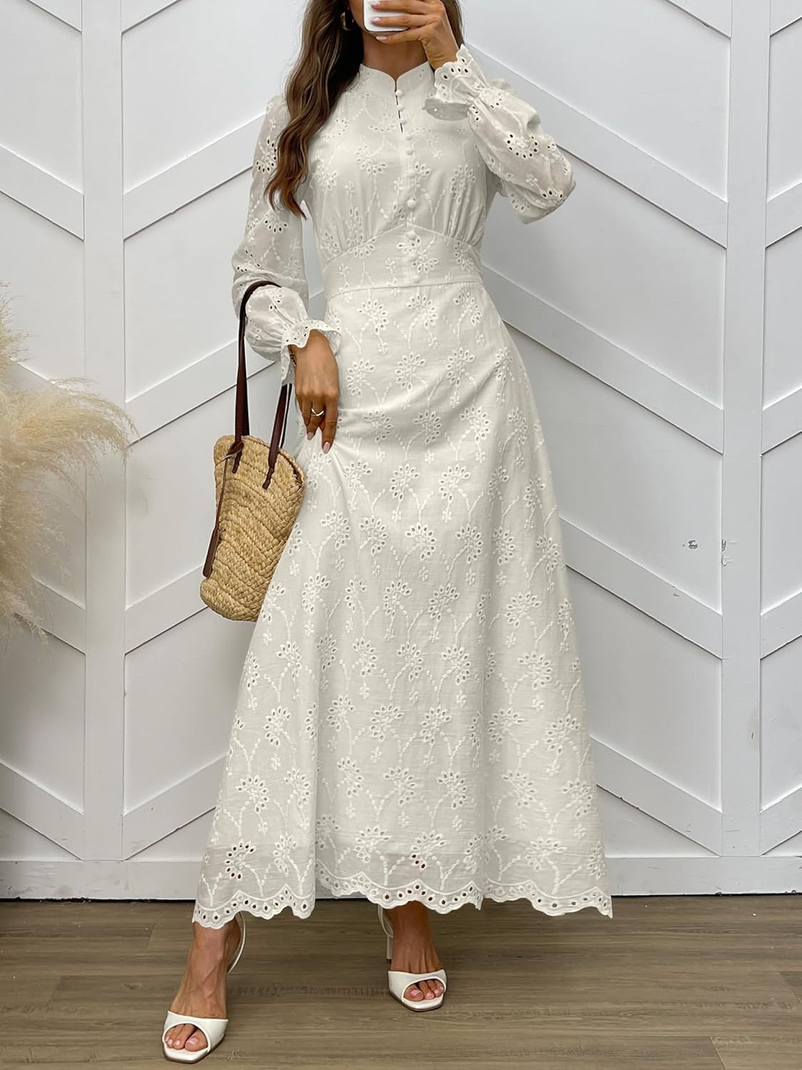 ANRABESS Wedding Guest Dresses for Women 2025 Fall Formal Long Sleeve Eyelet High Neck Elegant Classic Maxi Dress Pockets - Image 3