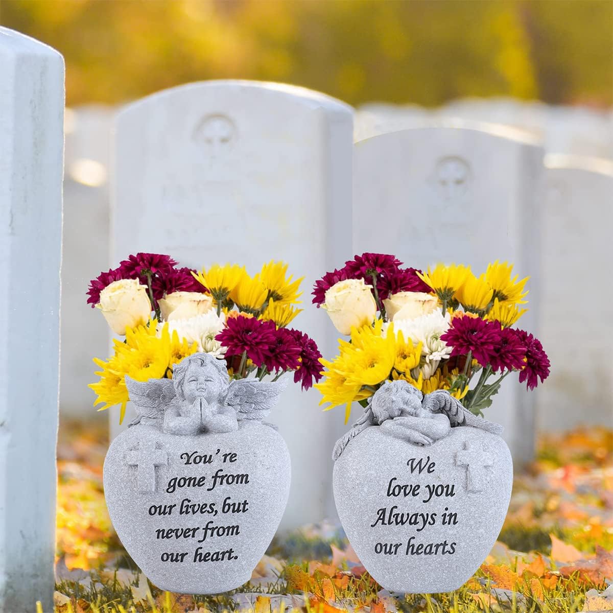 Angel and Cross Cemetery Grave Memorial Vases，Grave Decorations for Cemetery，Set of 2 Cemetery Memorial Vases with Removable Stakes,Memorial Gifts for Loss of Loved
