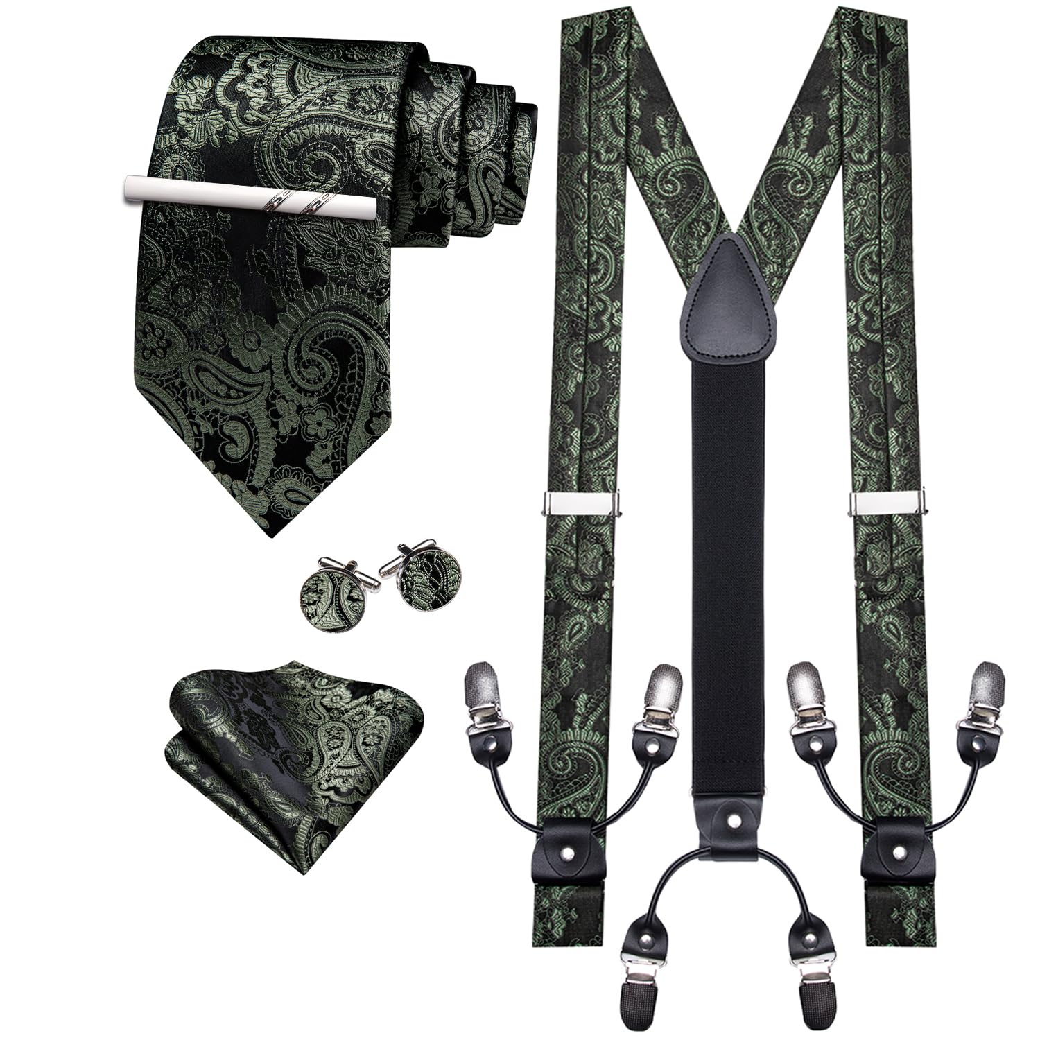 Barry.Wang Men Suspender Tie Sets Elastic Heavy 6 Clips Hanky Cufflink 5PCS | Classic Suspender Set for Man Necktie Y Type Adjustable Heavy Duty 6 Clips Braces Pocket Square Cufflinks Party