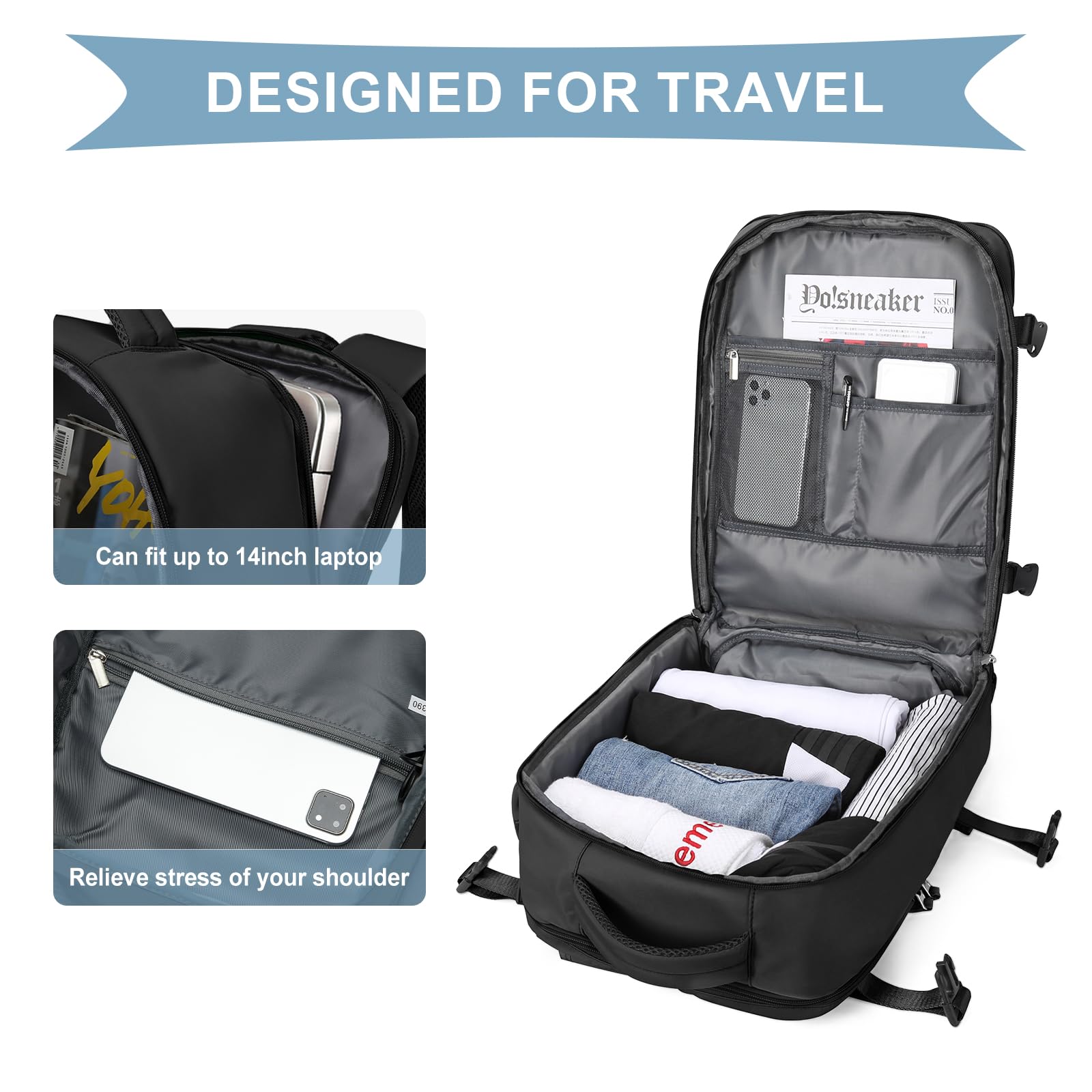 Cabin Bags for Travel, Underseat Carry-ons Bag for Women, Hand Luggage Bag Men Travel Backpack Cabin Size Fit 14 inch Laptop backpack Lightweight Version Black — view 4