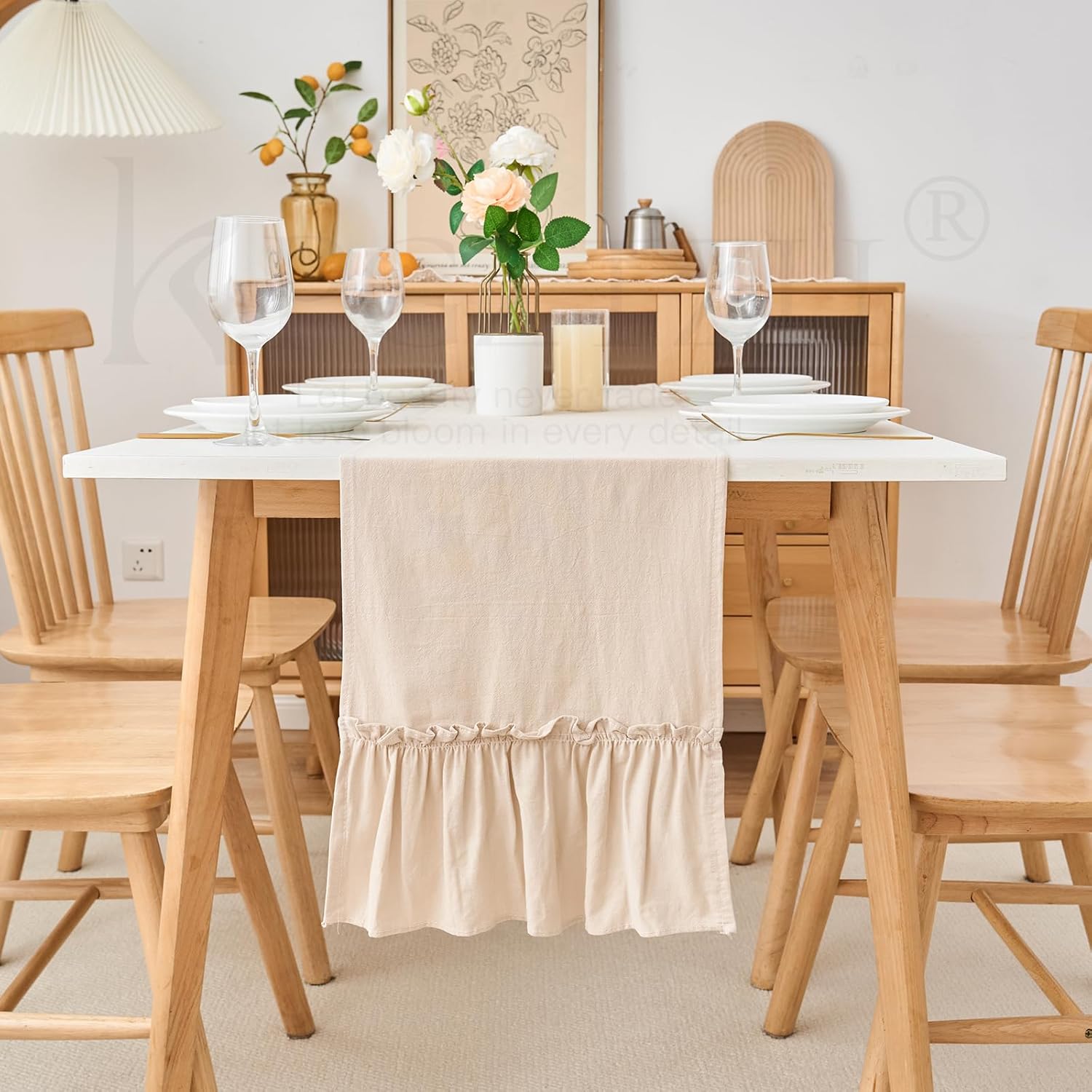 Beige Shabby Chic Ruffled Table Runner:Farmhouse Retro Table Runners for Table Decor Rustic Home Table Decoration,Cotton Tablecloth Flounces Trim for Wedding Christmas Decor 30x180cm(12x71inch)