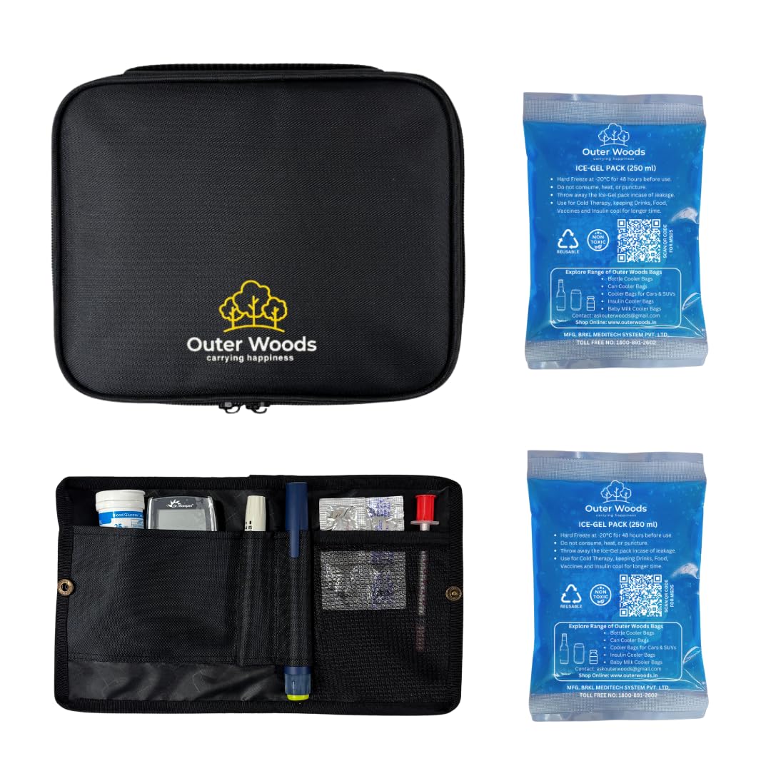 Outer Woods Insulin Cooler Travel Case for Diabetics with Two Ice Gel Packs | 12+ Hours Cooling for Insulin | Insulin Cooler Bag Plus | Insulin Carrier | Insulin Travel Pouch (Black)