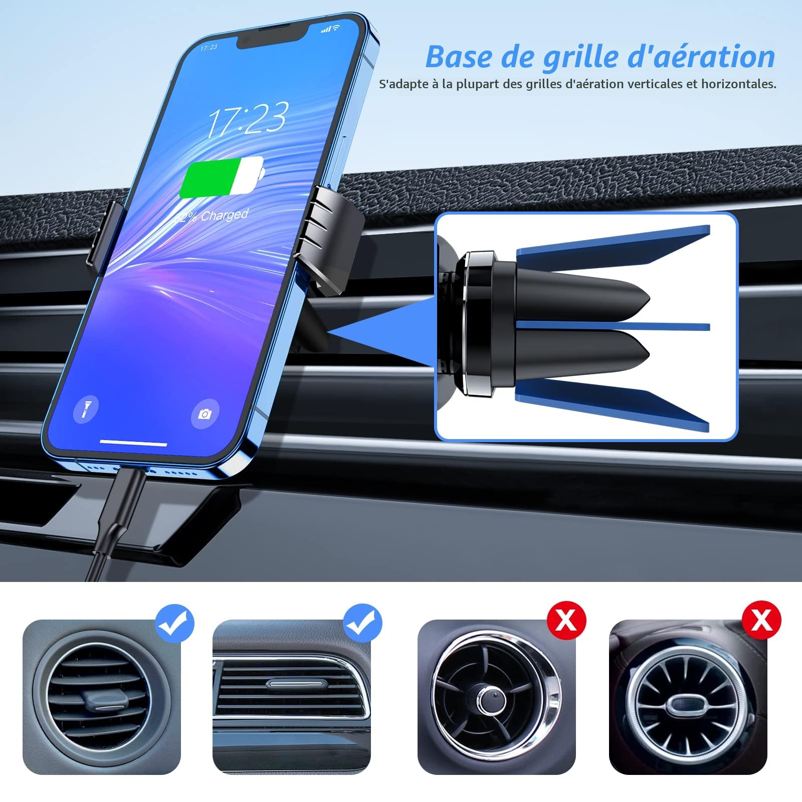 Blukar Support Téléphone Voiture, Porte Telephone Voiture Grille d'aération Support Ventilation, Super Solide Facilité d'utilisation 360°Rotation Compatible avec iPhone 17/16/15 et 4.7-6.7" Smartphone