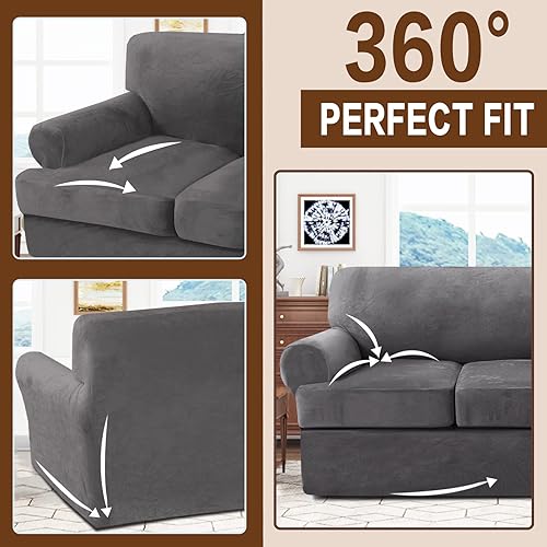 Miniatura 6 de Juego de 3 piezas de funda de sofá de terciopelo con cojín en T, funda elástica para sofás de 2 plazas, incluye 2 fundas de cojín en T, protector