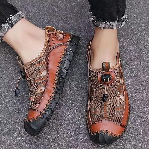 Recyphi Men's Sandals Closed Toe Mesh Splicing Outdoor Leather Sandals Breathable Summer Fisherman Shoes, Brown, 5.5 #TOP5