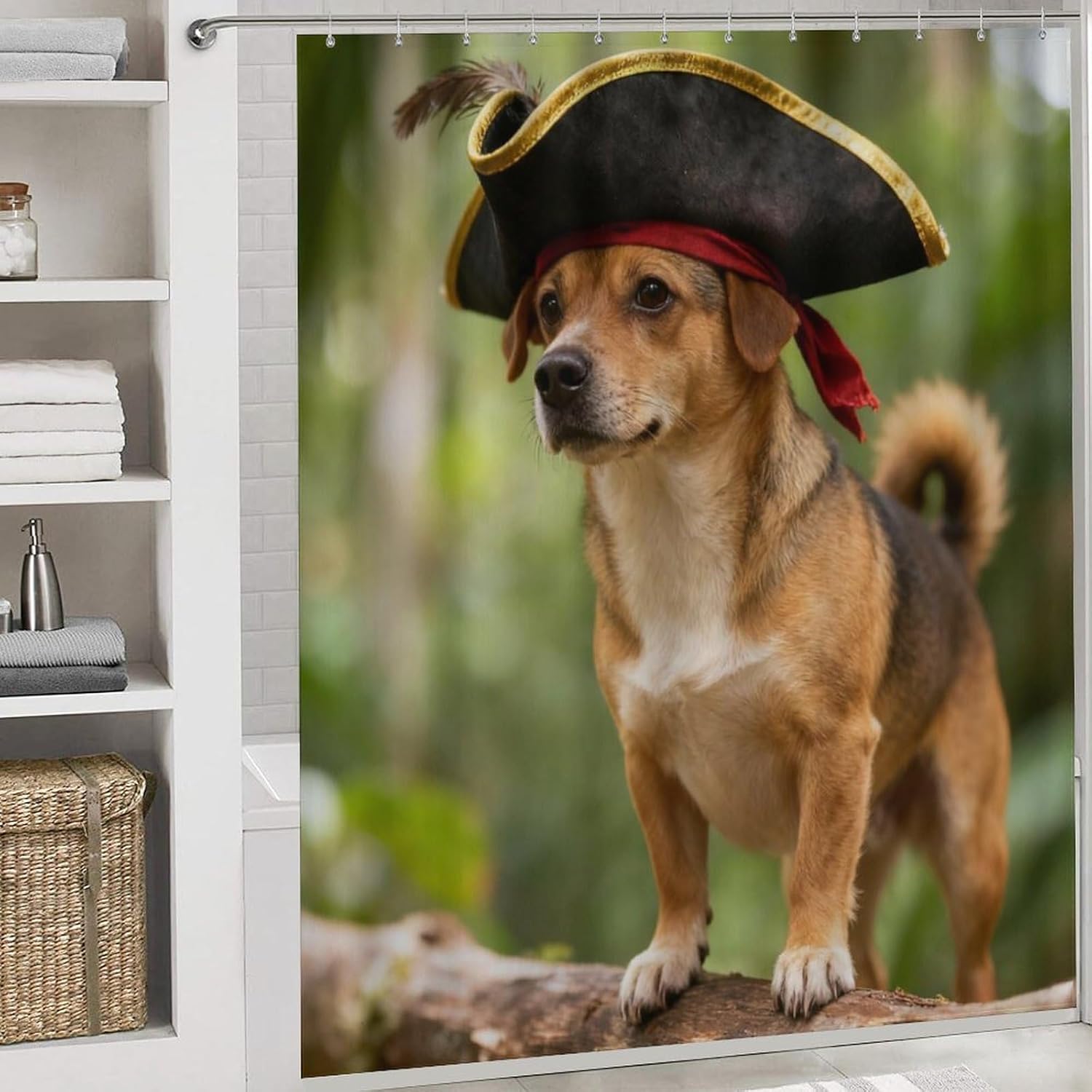 4 Piece Bathroom Rug Set with Shower Curtain, Non-Slip Bath Mat Toilet Cover Set, Jungle Scout Bathroom Rug Sets