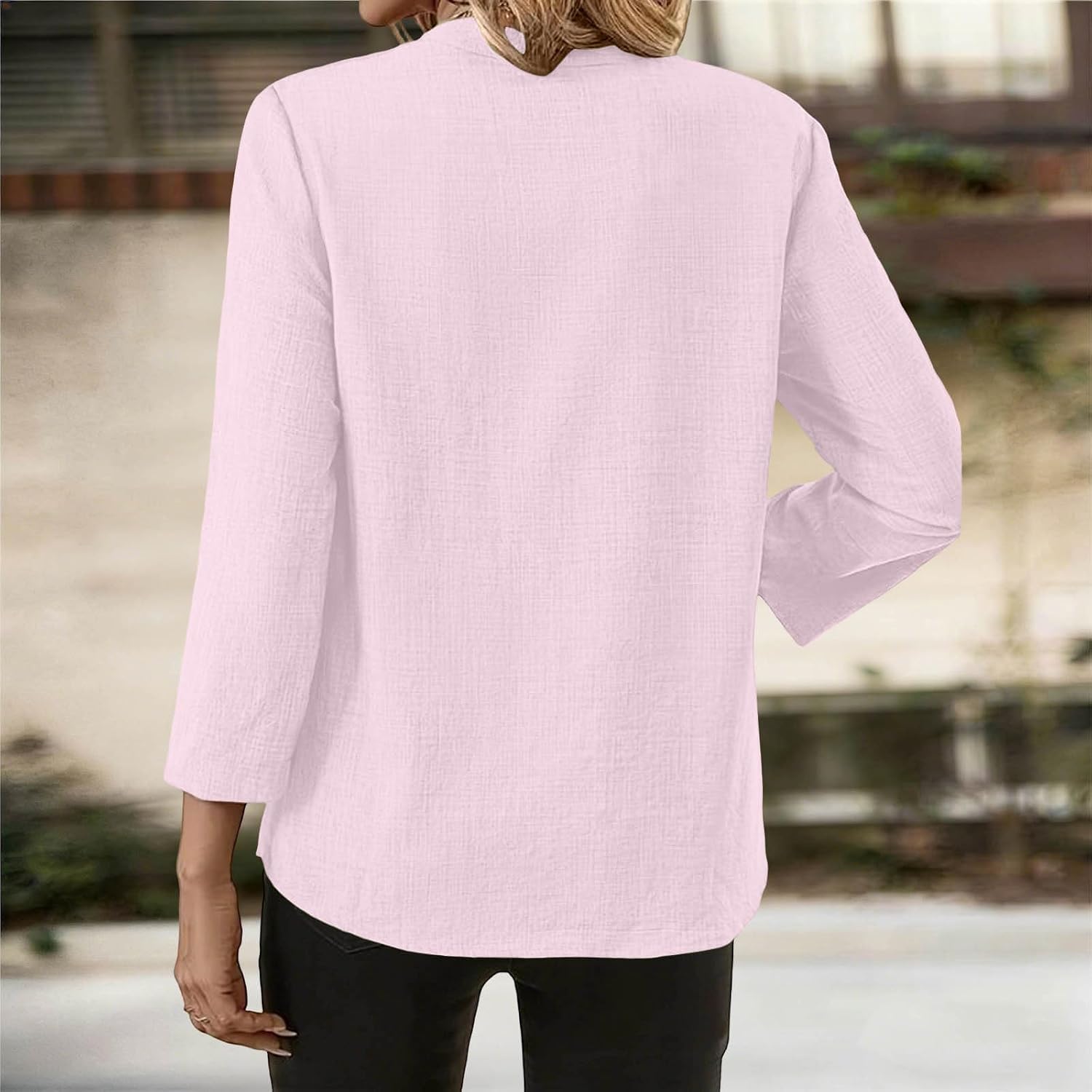 Women's Cotton Linen Shirts Fashion V-Neck Solid Color 3/4 Length Sleeves Dressy Casual Loose Comfy Blouse Tops