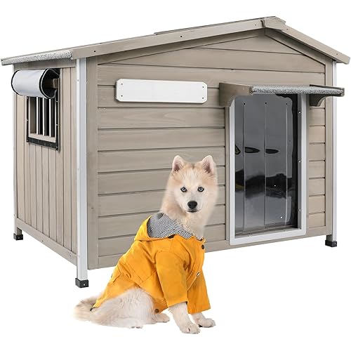 Ketive Outdoor Dog House with Reinforced Iron Frame, Wooden Kennel with Weather-Resistant Roof, Removable Floor, Vent Window & Easy Assembly, for Medium & Large Dogs, 40" L x 26" W x 33.5" H