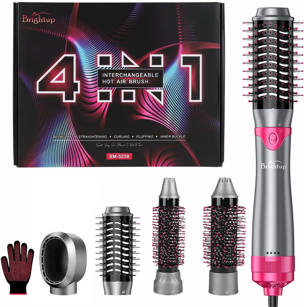 Brightup Hair Dryer Brush & Volumizer with Negative Ionic Technology, Detachable & Interchangeable Brush Head, Hot Air Brush for Curling, Straightening & Styling, Heat Protective Glove Included