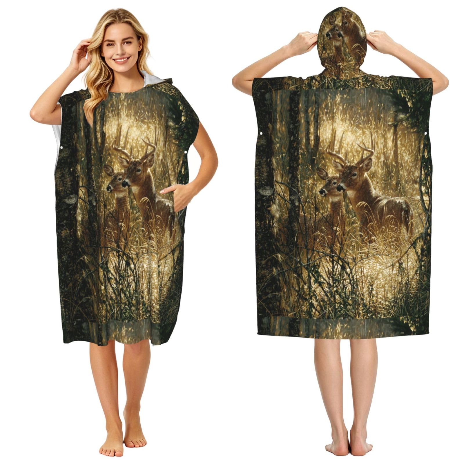 Poadnly Print Nature Wild Animal Deers, Adult Hooded Beach Towel 90 x 110 cm,Changing Bath Robe, Surf Poncho Towel For Women Men