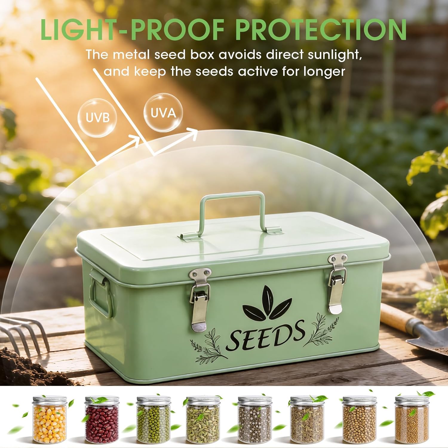 Seed Storage Organizer, Metal Garden Seed Storage Box Kit with 18 Wide-Mouth Vials, 30 Plant Tags, 30 Envelopes, 500 Labels and 1 Marker, for Garden Flower Plants