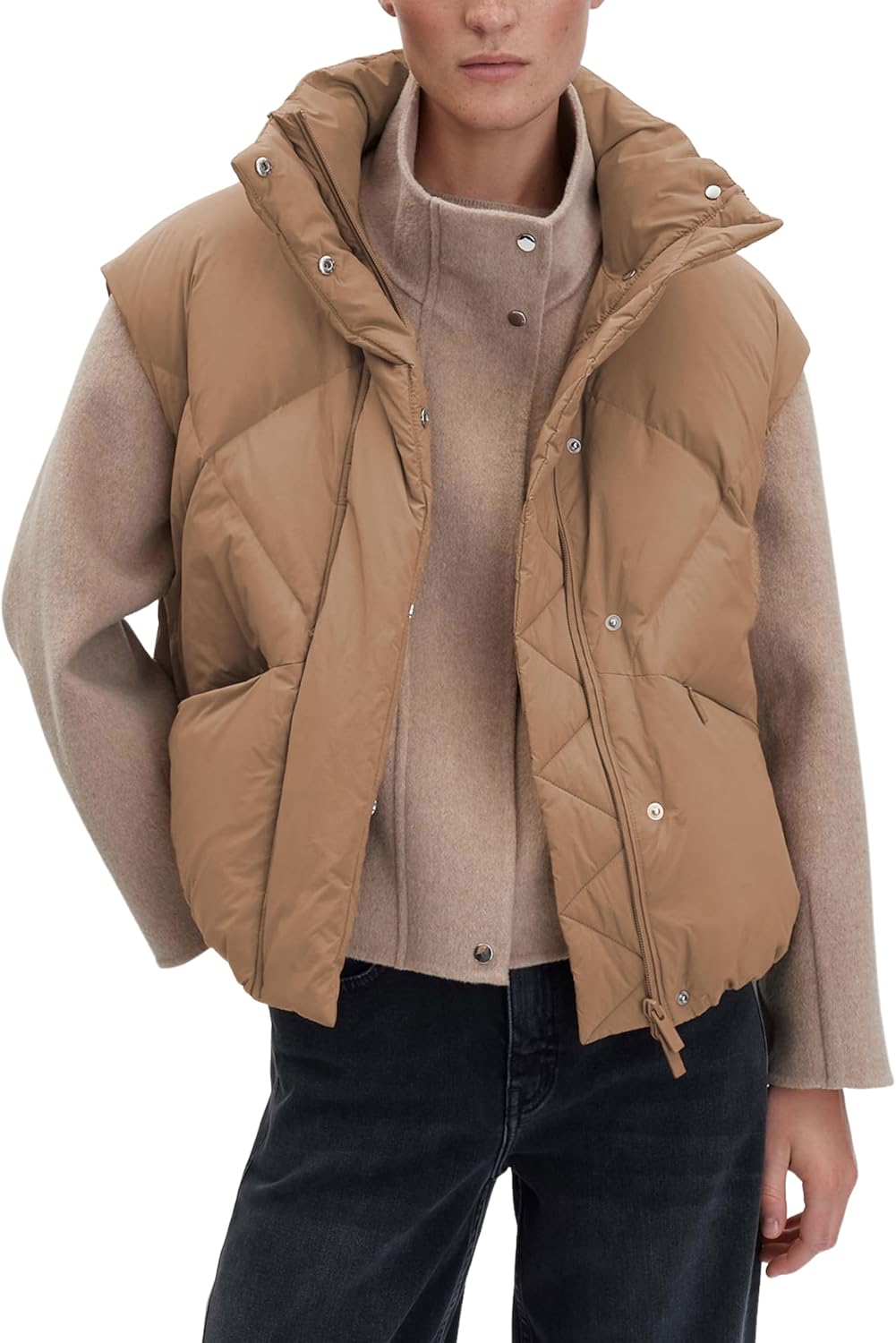 Huaqiao Women's Quilted Puffer Vest Stand Collar Sleeveless Cropped Coat Zip up Winter Gilet Jackets