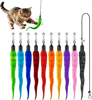 10Pcs Cat Worm Toys with String, Interactive Wand Refills for Cats | Flexible Colorful Plush Cat Toys with Bell, 18.5 Inch Elastic String, Detachable Design, for Cat Chase and Interactive Play