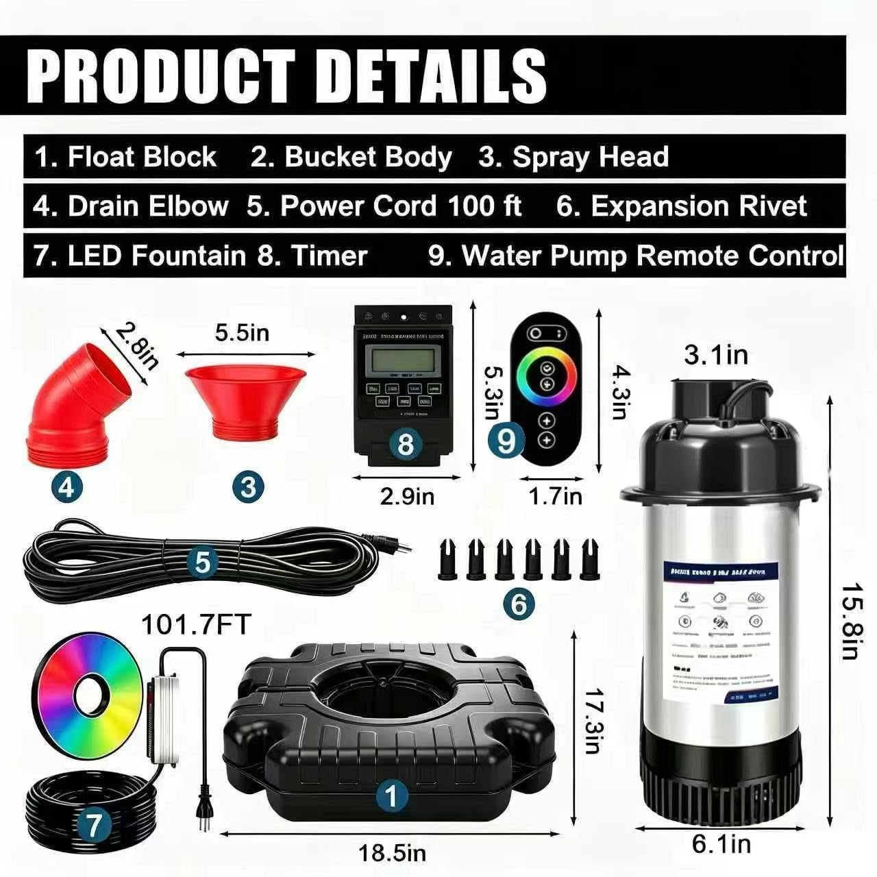 Pond Fountain Aerator,Pond Aerator,with Dynamic LED RGB Lighting Adjustable Modes, Digital Timer | 1 HP 15,000 GPH, 750W 110V, 100FT Cord - for Large Ponds, Lakes & Outdoor Water Features