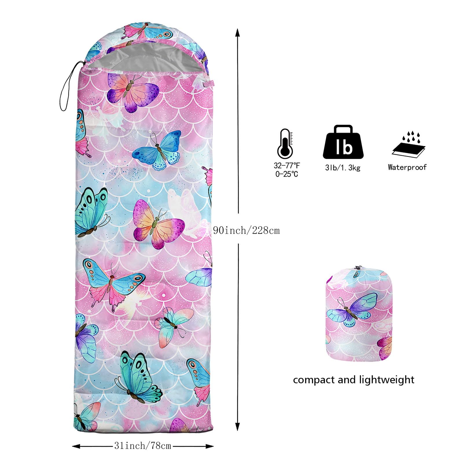 HOSIMA Saco de dormir con mariposas, para adultos, niñas, niños, impermeable, cálido, camping, senderismo, al aire libre, viajes, caza, saco de compresión