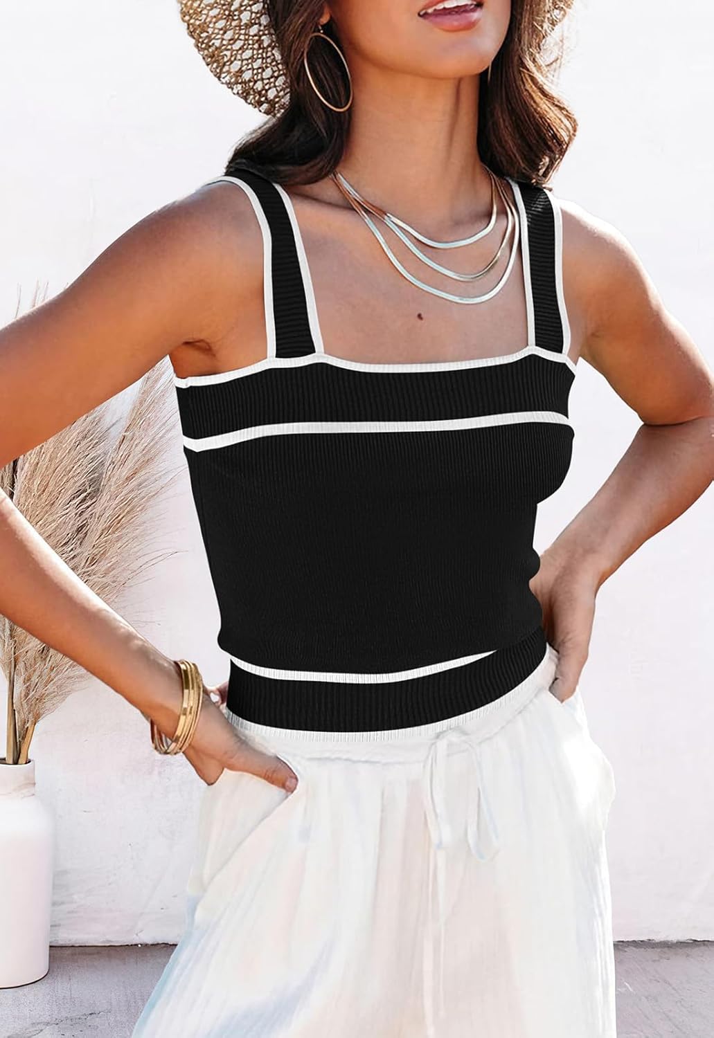 NALANISA Women's Trendy Summer Square Neck Crop Tank Tops 2026 Casual Color Block Knit Sleeveless Slim Fit Y2k Cami Shirts - Image 5
