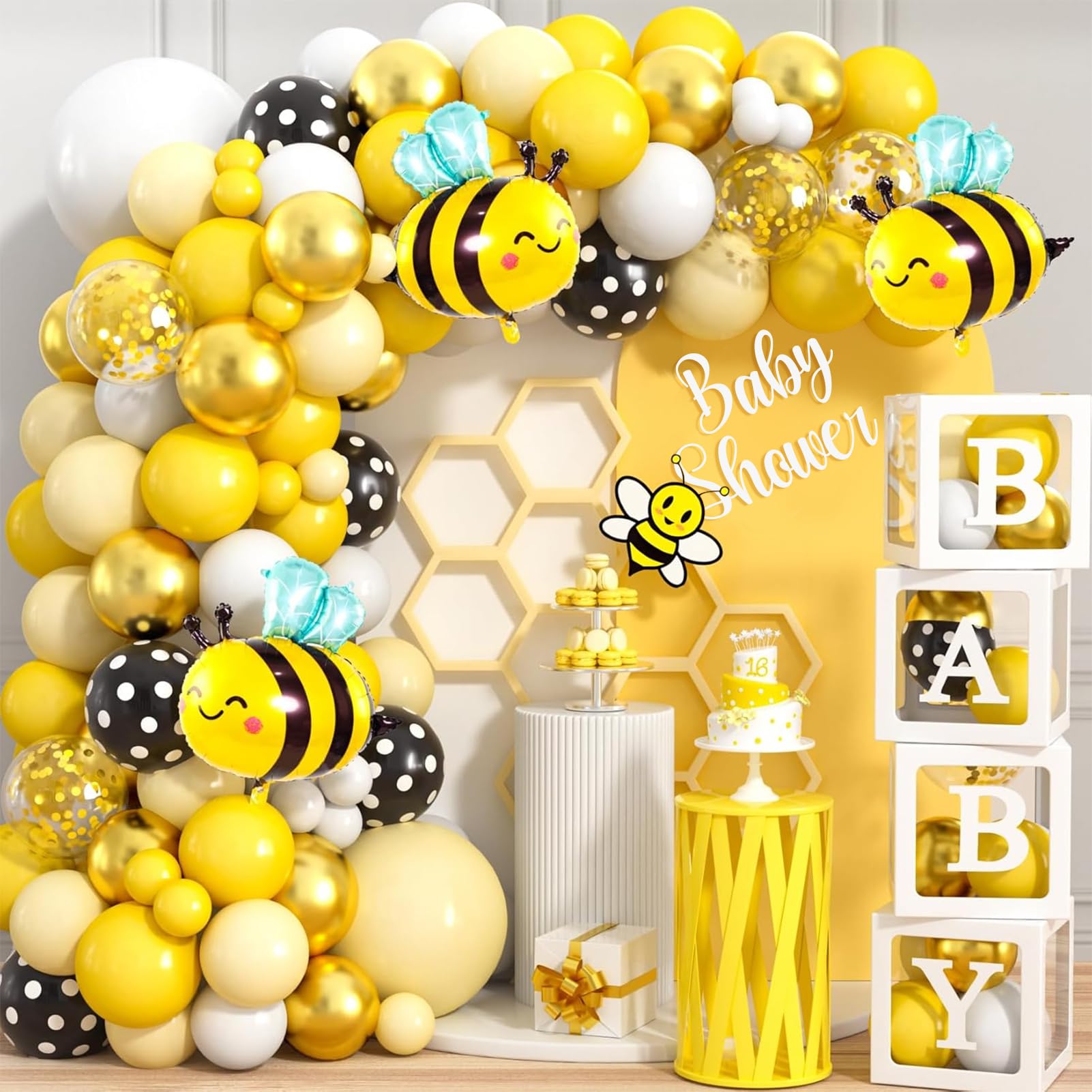 124 Bee Baby Shower Decorations, Yellow White Balloon Garland Arch Kit Baby Box with Letters Bee Foil Balloons, What Will It Bee Gender Reveal Decorations Boy Girl Baby Shower Decor