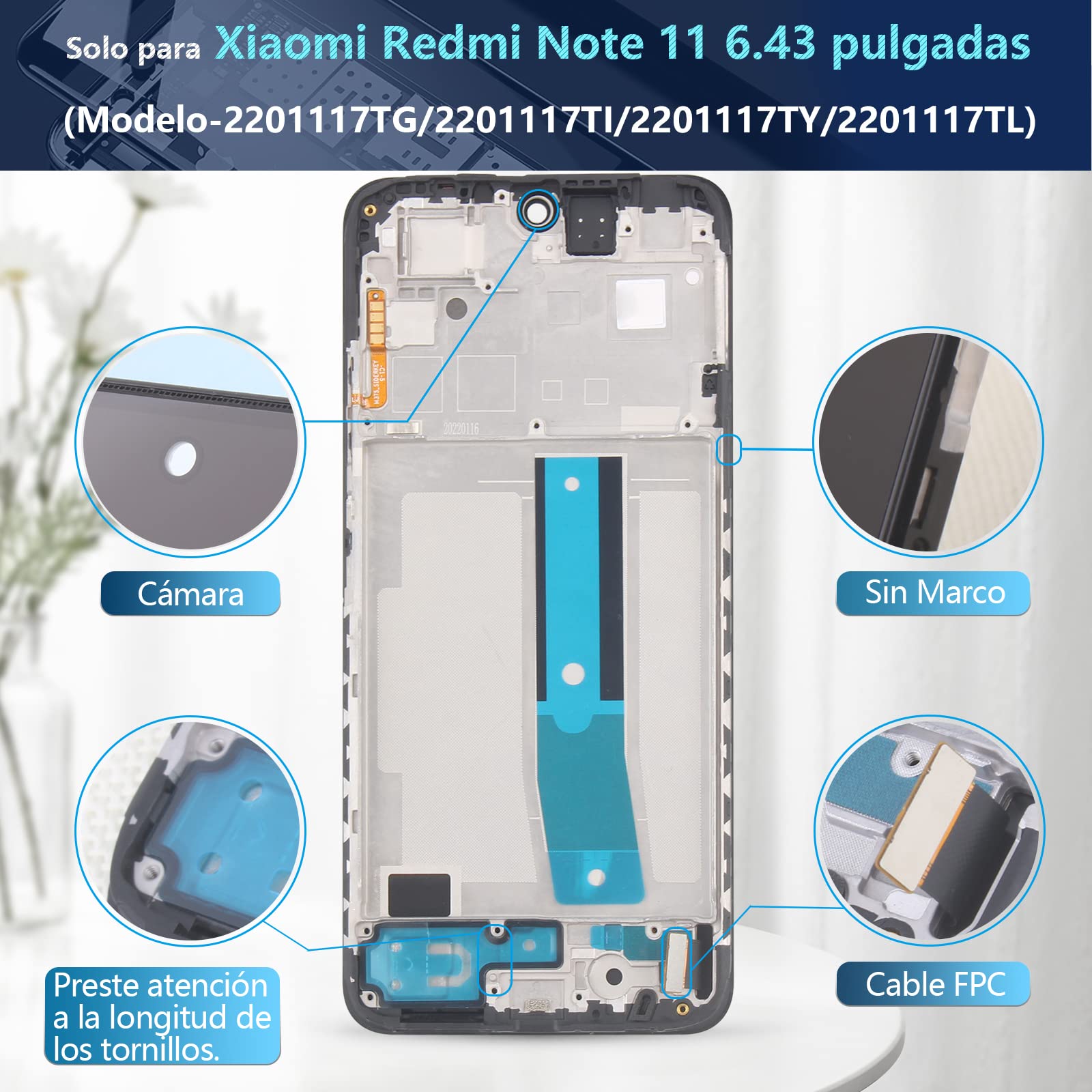 RongZy para Xiaomi Redmi Note 11/2201117TG/2201117TI/2201117TY/2201117TL LCD+Pantalla Táctil Digitalizador Asamblea Reemplazo +Reparación Herramientas(Negro)