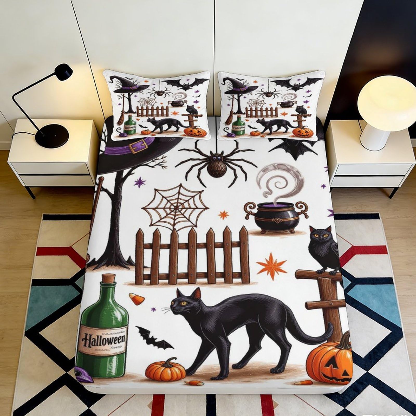 Jqzkxnhpbr Style-2 3D Printed Halloween Black Cat Fitted Sheet Microfiber Soft Pumpkin Spider Bed Sheet For Bedroom Dorm Decor 90X200x25cm