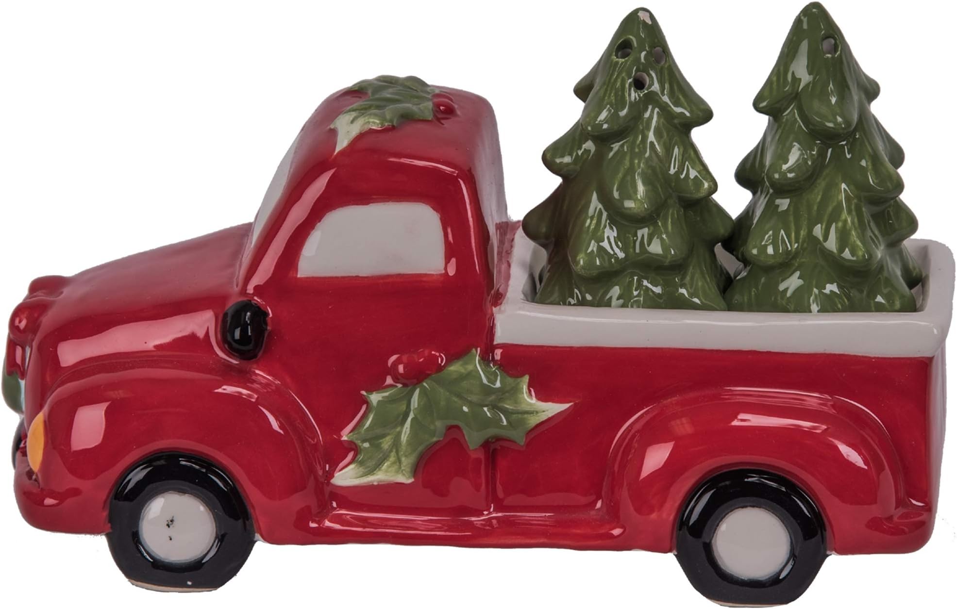 Christmas Tree Salt and Pepper Shakers with Red Pick-Up Truck Base 3 Piece Set