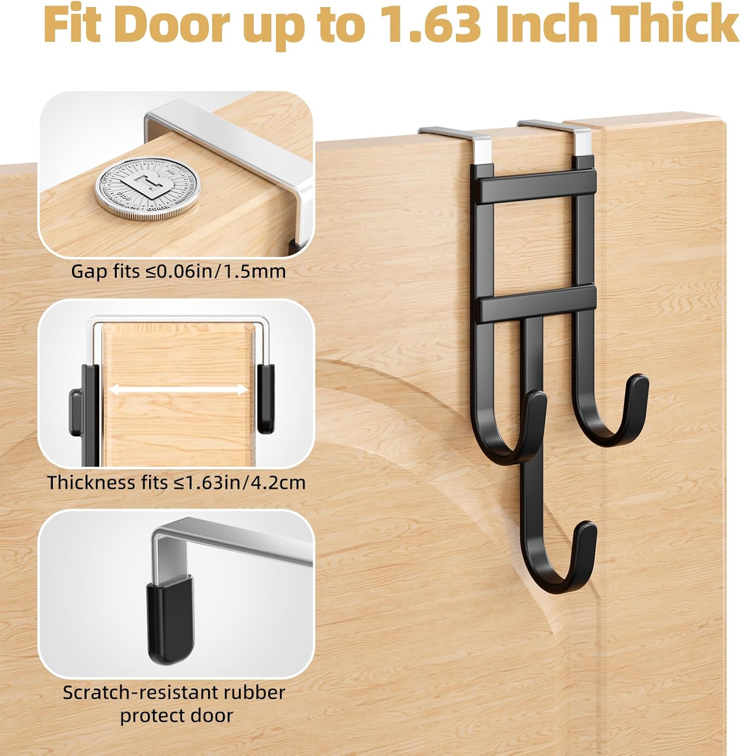 BAKON Over the Door Hanger, 2 Pack Black Triple Hooks Fits Doors 1.6" | Scratch-Resistant Rubber Coated, Hanging Ladders, Ironing Boards, for Bathroom Bedroom Garage Laundry, Dorm Room Essentials