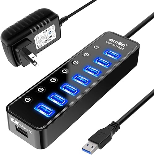 Hub USB 30 alimentado divisor de concentrador de datos USB Atolla de 7 puertos con un puerto de carga inteligente e interruptores individuales de