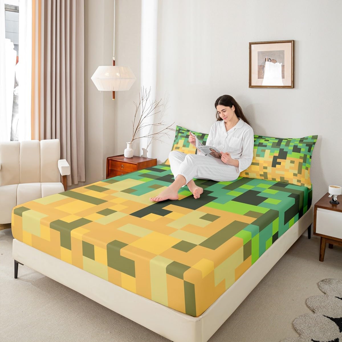 Manfei Pixelated Miners Game Kids Sheet Full Size,Geometric Check Video Games Bedding Set, Gamepad Grid Modern Gaming Kids Room Decor,Green Yellow Sheet(Fitted+Flat+2 Pillowcases) image 5