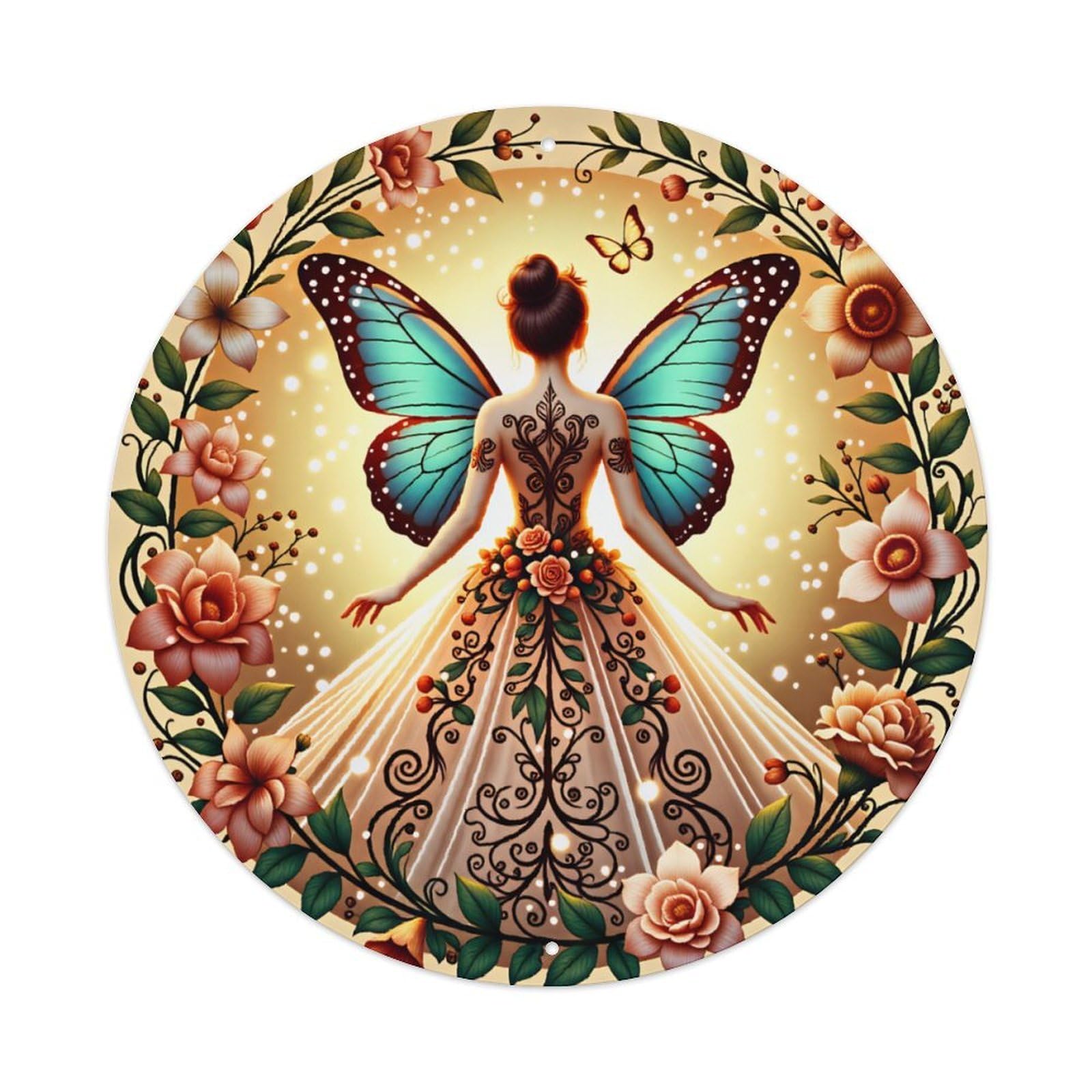 Ldfuieksufg Style Round Floral Wreath Butterfly Fairy Back Warm Wall Sign Farmhouse Decor Vintage Aluminium Metal Sign, Retro Wall Decor For Home, Bar, Garage & Farmhouse 20X20cm