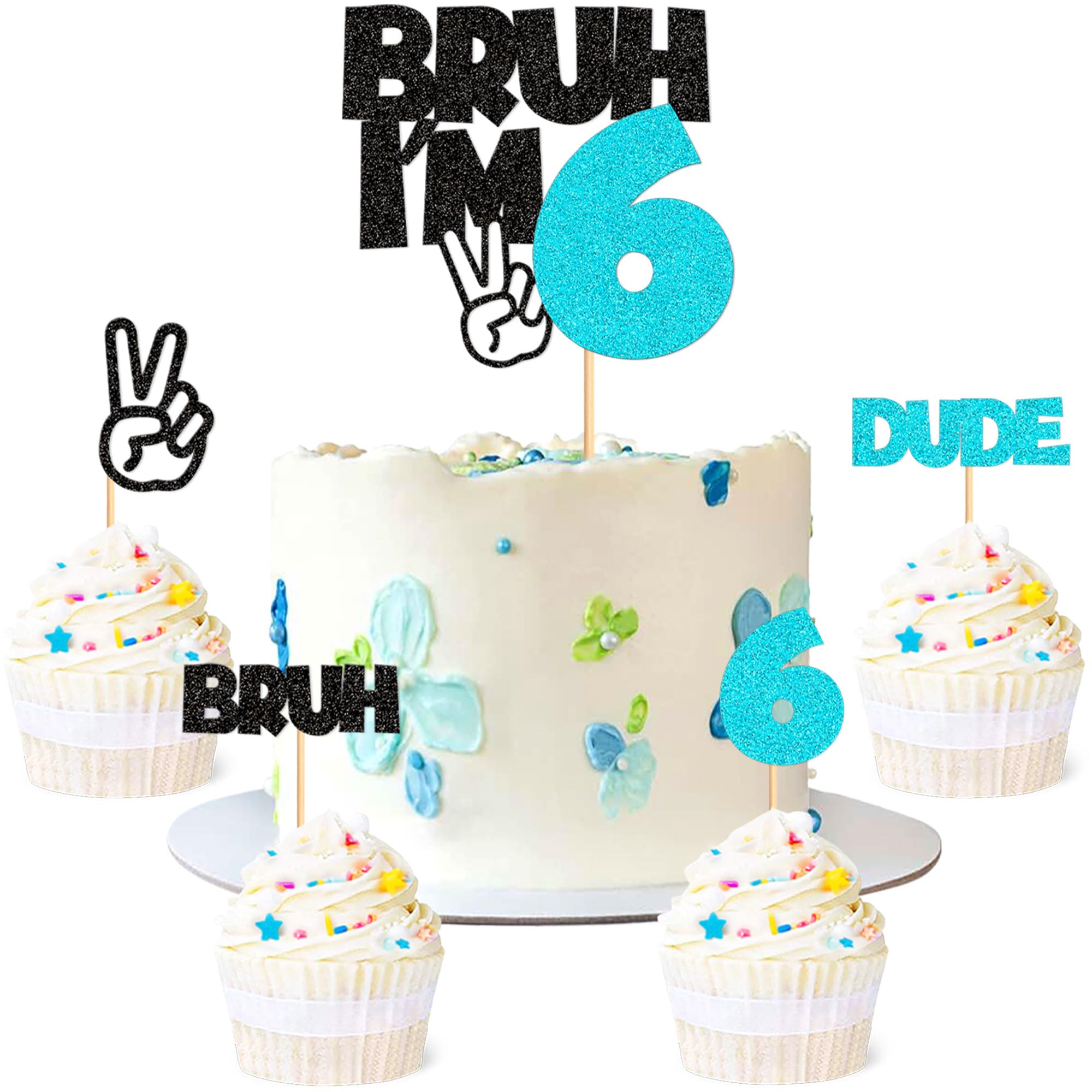 25Pcs Bruh I'm 6 Cake Topper Victory Gesture Bruh Dude Number 6 Cupcake Picks for Funny Boys 6th Birthday Six Years Old Brother's Party Cake Decors