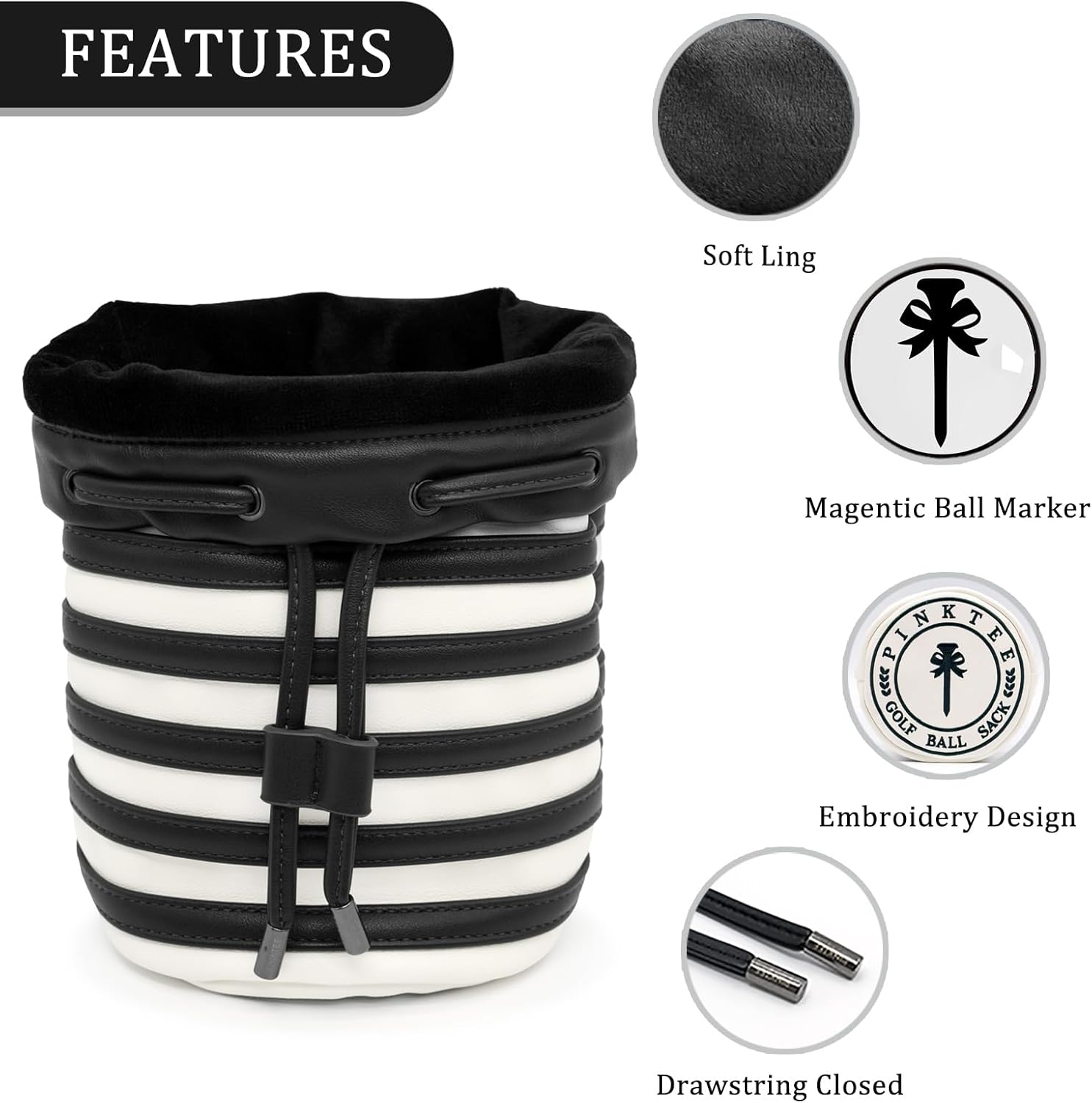 PINKTEE Leather Golf Valuables Pouch Golf Ball Bag Tee Pouch with Removable Marker, Golf Accessories Storage for Men Women(Black)
