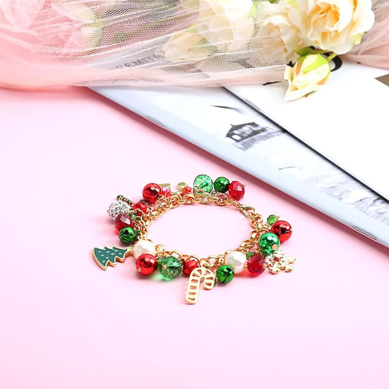 Christmas Bracelet for Women Colorful Christmas Jingle Bell Bracelet with Xmas Tree Snowflake Candy Cane Pendant Exquisite Charm Bracelet Xmas Jewelry Holiday Gift for Women - Image 5