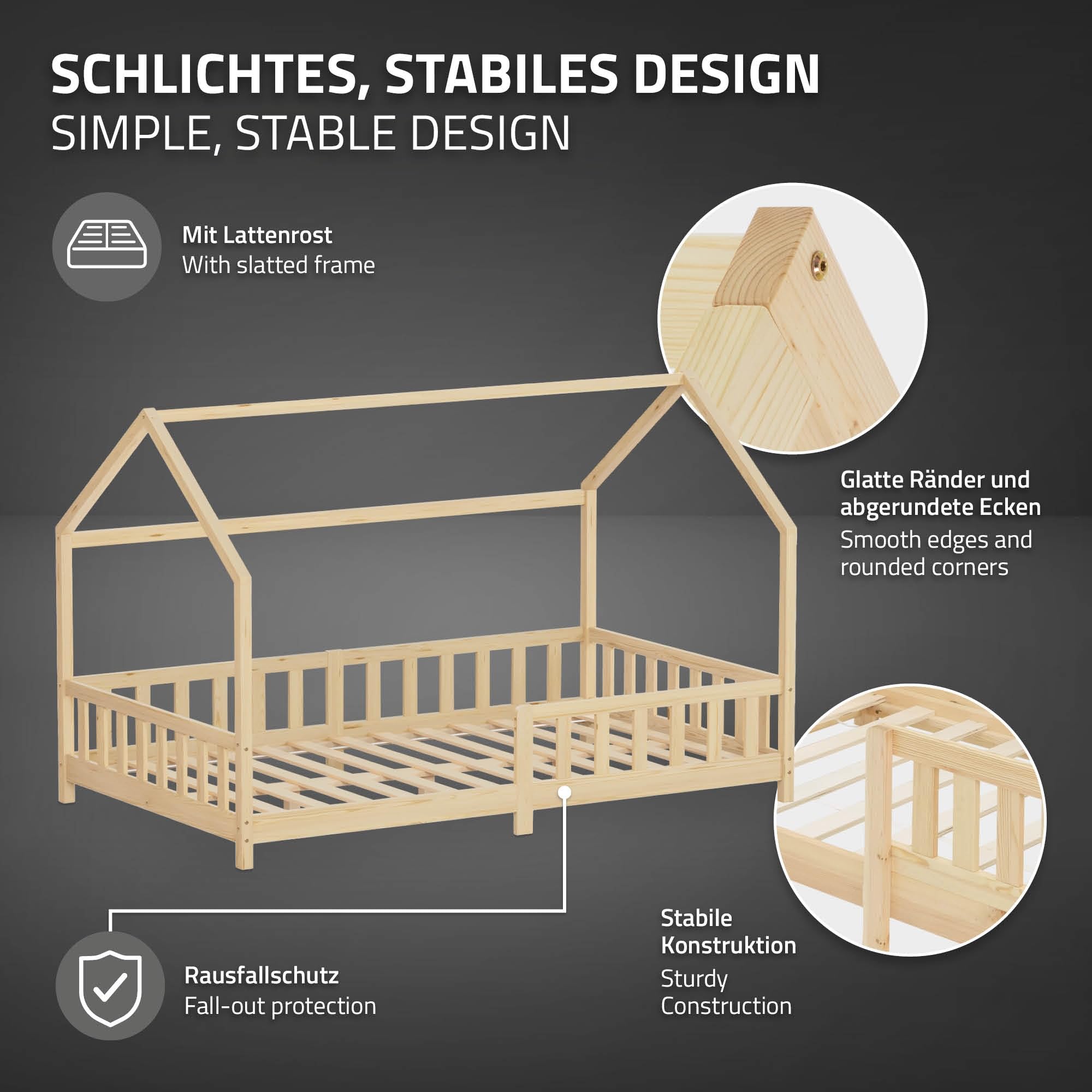 ML-Design Letto a Casetta per Bambini 120x200 cm con Protezione Anticaduta, Tetto e Rete a Doghe, Naturale, Letto a Terra Montessori in Legno Massello di Pino, Letto Singolo per Cameretta