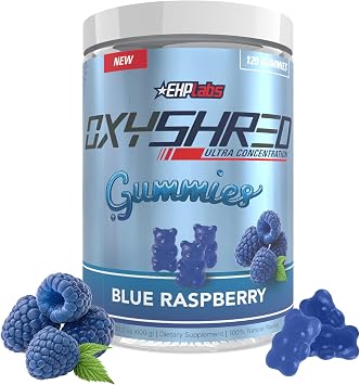 EHP Labs OxyShred Pre Workout Energy Gummies, Blue Raspberry, 60 Servings