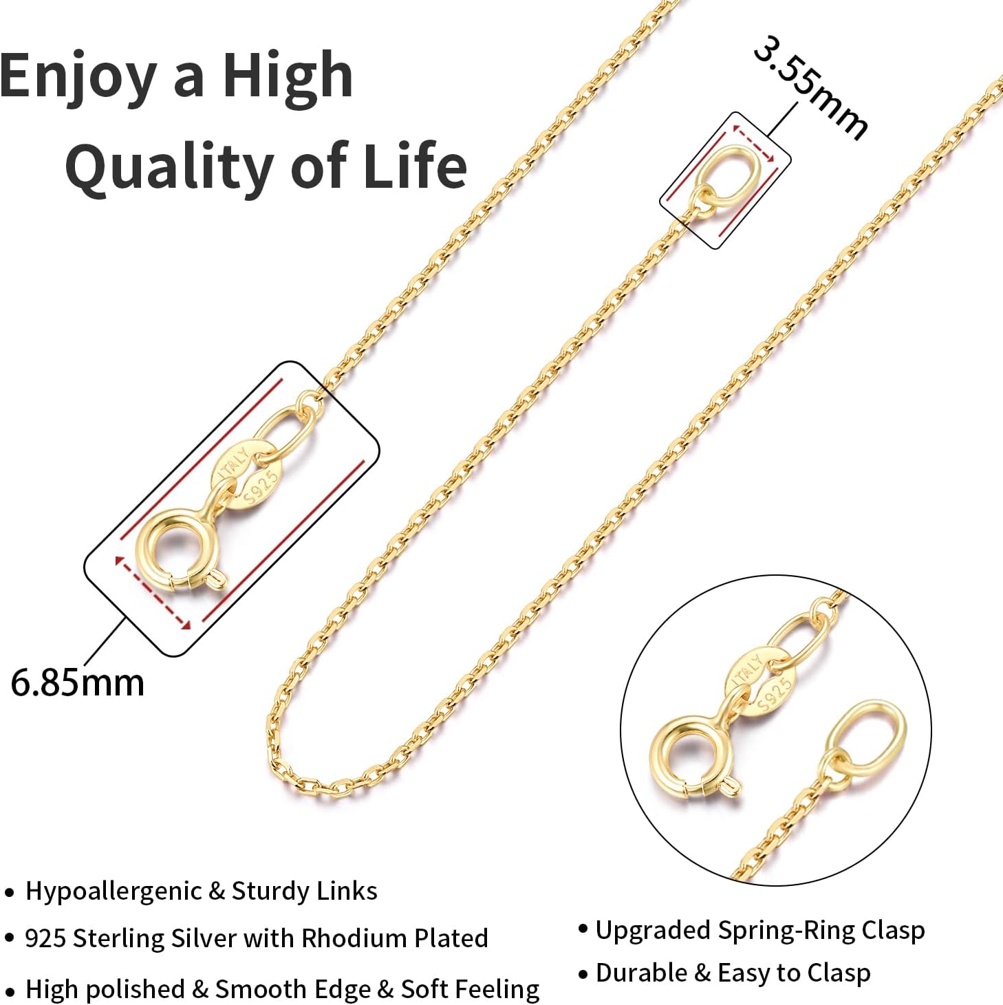 Solid 18K Gold Over 925 Sterling Silver Chain Necklace for Women, 1.2mm Cable Chain Dainty & Thin & Sturdy Women's Chain Necklace 14/16/18/20/22/24inch